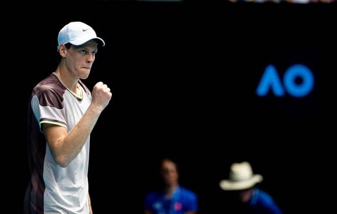 (240114) -- MELBOURNE, Jan. 14, 2024 -- Jannik Sinner celebrates during the men s singles first round match between Jannik Sinner of Italy and Botic Van de Zandschulp of the Netherlands at the Australian Open tennis tournament in Melbourne, Australia, on Jan. 14, 2024. (Photo by Xinhua) (SP)AUSTRALIA-MELBOURNE-TENNIS-AUSTRALIAN OPEN-MEN S SINGLES HuxJingchen 