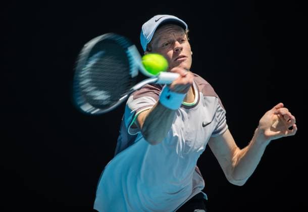 (240114) -- MELBOURNE, Jan. 14, 2024 -- Jannik Sinner hits a return during the men s singles first round match between Jannik Sinner of Italy and Botic Van de Zandschulp of the Netherlands at the Australian Open tennis tournament in Melbourne, Australia, on Jan. 14, 2024. (Photo by Xinhua) (SP)AUSTRALIA-MELBOURNE-TENNIS-AUSTRALIAN OPEN-MEN S SINGLES HuxJingchen 