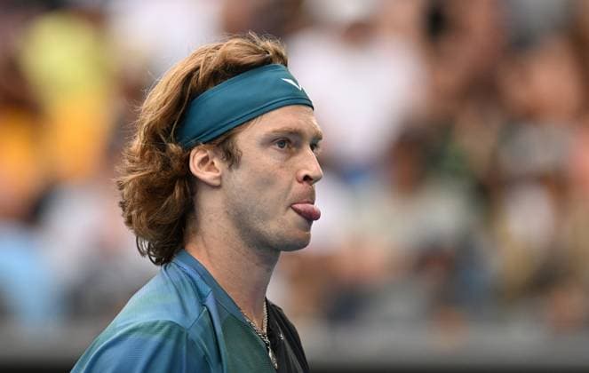 TENNIS AUSTRALIAN OPEN, Andrey Rublev of Russia reacts during his first round match against to Thiago Seyboth Wild of Brazil on Day 1 of the 2024 Australian Open at Melbourne Park in Melbourne, Sunday, January 14, 2024. ( NO ARCHIVING, EDITORIAL USE ONLY, NO USE IN BOOKS WITHOUT CONSENT MELBOURNE VICTORIA AUSTRALIA  Copyright: xLUKASxCOCHx 20240114001888795734