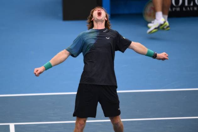 Andrey Rublev celebrates winning his first round match Australian Open, Day One, Tennis, Melbourne Park, Melbourne, Australia - 14 Jan 2024  Copyright: xJamesxGourley Shutterstockx 14297568fa