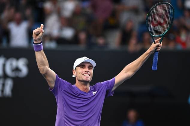 TENNIS AUSTRALIAN OPEN, Christopher O?Connell of Australia reacts after winning his first round match against Cristian Garin of Chile on Day 1 of the 2024 Australian Open at Melbourne Park in Melbourne, Sunday, January 14, 2024. ( NO ARCHIVING, EDITORIAL USE ONLY, NO USE IN BOOKS WITHOUT CONSENT MELBOURNE VICTORIA AUSTRALIA  Copyright: xJOELxCARRETTx 20240114001888800098