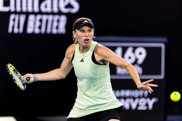 MELBOURNE, VIC - JANUARY 14: Caroline Wozniacki of Denmark in action during Round 1 of the 2024 Australian Open on January 14 2024, at Melbourne Park in Melbourne, Australia. (Photo by Jason Heidrich Icon Sportswire) TENNIS: JAN 14 Australian Open EDITORIAL USE ONLY Icon240114204