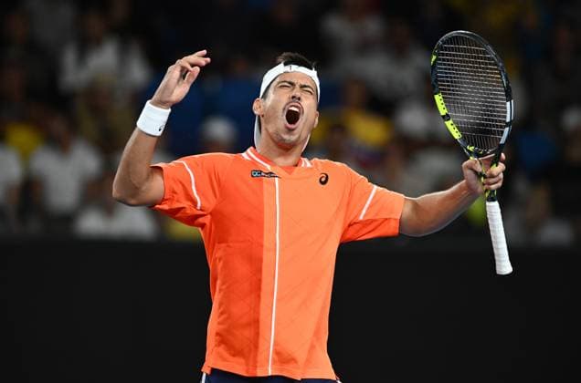 TENNIS AUSTRALIAN OPEN, Jason Kubler of Australia reacts during his first round match against Daniel Elahi Galan of Chile on Day 1 of the 2024 Australian Open at Melbourne Park in Melbourne, Sunday, January 14, 2024. ( NO ARCHIVING, EDITORIAL USE ONLY, NO USE IN BOOKS WITHOUT CONSENT MELBOURNE VICTORIA AUSTRALIA  Copyright: xJOELxCARRETTx 20240114001888840117