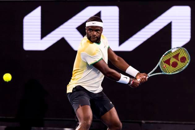 MELBOURNE, VIC - JANUARY 14: Frances Tiafoe of the United States of America in action during Round 1 of the 2024 Australian Open on January 14 2024, at Melbourne Park in Melbourne, Australia. (Photo by Jason Heidrich Icon Sportswire) TENNIS: JAN 14 Australian Open EDITORIAL USE ONLY Icon240114272