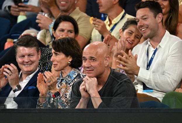 TENNIS AUSTRALIAN OPEN, Former grand slam player Andre Agassi (centre) looks on during the first round match between Novak Djokovic of Serbia and Dino Prizmic of Croatia on Day 1 of the 2024 Australian Open at Melbourne Park in Melbourne, Sunday, January 14, 2024. ( NO ARCHIVING, EDITORIAL USE ONLY, NO USE IN BOOKS WITHOUT CONSENT MELBOURNE VICTORIA AUSTRALIA  Copyright: xLUKASxCOCHx 20240114001888853463