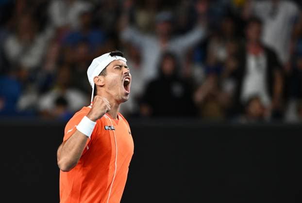 TENNIS AUSTRALIAN OPEN, Jason Kubler of Australia reacts during his first round match against Daniel Elahi Galan of Chile on Day 1 of the 2024 Australian Open at Melbourne Park in Melbourne, Sunday, January 14, 2024. ( NO ARCHIVING, EDITORIAL USE ONLY, NO USE IN BOOKS WITHOUT CONSENT MELBOURNE VICTORIA AUSTRALIA  Copyright: xJOELxCARRETTx 20240114001888857061