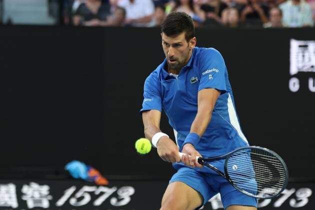 January 14, 2024, Melbourne, Victoria, Australia: Novak Djokovic (SRB) In action during their round one singles match against Dino Primiz (CRO) on day one of the 2024 Australian Open at Melbourne Park on January 14, 2024 in Melbourne, Australia. Melbourne Australia - ZUMAl131 20240114_zsp_l131_080 Copyright: xCiroxDexLucax