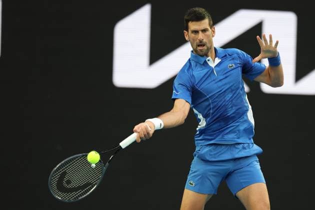 January 14, 2024, Melbourne, Victoria, Australia: Novak Djokovic (SRB) In action during their round one singles match against Dino Primiz (CRO) on day one of the 2024 Australian Open at Melbourne Park on January 14, 2024 in Melbourne, Australia. Melbourne Australia - ZUMAl131 20240114_zsp_l131_093 Copyright: xCiroxDexLucax