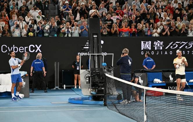 TENNIS AUSTRALIAN OPEN, Novak Djokovic of Serbia applauds opponent Dino Prizmic of Croatia following their first round match on Day 1 of the 2024 Australian Open at Melbourne Park in Melbourne, Sunday, January 14, 2024. ( NO ARCHIVING, EDITORIAL USE ONLY, NO USE IN BOOKS WITHOUT CONSENT MELBOURNE VICTORIA AUSTRALIA  Copyright: xLUKASxCOCHx 20240114001888866614