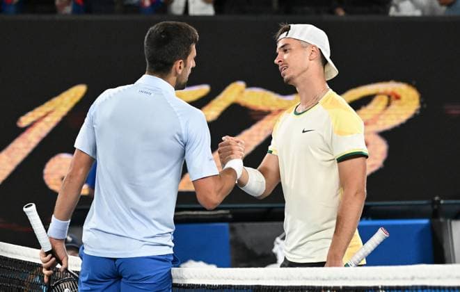 TENNIS AUSTRALIAN OPEN, Novak Djokovic of Serbia (left) reacts with Dino Prizmic of Croatia following their first round match on Day 1 of the 2024 Australian Open at Melbourne Park in Melbourne, Sunday, January 14, 2024. ( NO ARCHIVING, EDITORIAL USE ONLY, NO USE IN BOOKS WITHOUT CONSENT MELBOURNE VICTORIA AUSTRALIA  Copyright: xLUKASxCOCHx 20240114001888867870