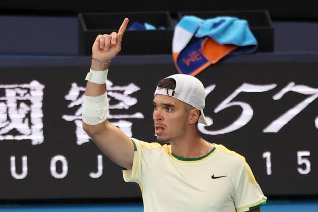 January 14, 2024, Melbourne, Victoria, Australia: Novak Djokovic (SRB) Dino Primiz (CRO) In action during their round one singles match against Novak Djokovic (SRB) on day one of the 2024 Australian Open at Melbourne Park on January 14, 2024 in Melbourne, Australia. Melbourne Australia - ZUMAl131 20240114_zsp_l131_137 Copyright: xCiroxDexLucax