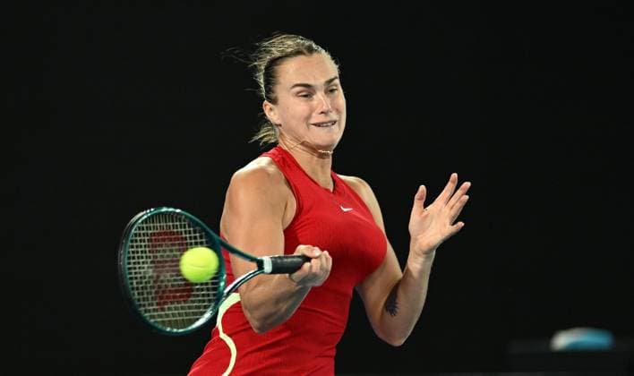 TENNIS AUSTRALIAN OPEN, Aryna Sabalenka of Belarus returns during her first round match aganst Germany s Ella Seidel on Day 1 of the 2024 Australian Open at Melbourne Park in Melbourne, Sunday, January 14, 2024. ( NO ARCHIVING, EDITORIAL USE ONLY, NO USE IN BOOKS WITHOUT CONSENT MELBOURNE VICTORIA AUSTRALIA  Copyright: xLUKASxCOCHx 20240115001888880166
