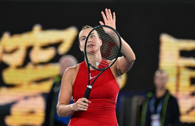 TENNIS AUSTRALIAN OPEN, Aryna Sabalenka of Belarus celebrates her first round win against Germany s Ella Seidel on Day 1 of the 2024 Australian Open at Melbourne Park in Melbourne, Sunday, January 14, 2024. ( NO ARCHIVING, EDITORIAL USE ONLY, NO USE IN BOOKS WITHOUT CONSENT MELBOURNE VICTORIA AUSTRALIA  Copyright: xLUKASxCOCHx 20240115001888895158