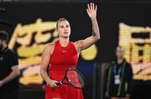 TENNIS AUSTRALIAN OPEN, Aryna Sabalenka of Belarus celebrates her first round win against Germany s Ella Seidel on Day 1 of the 2024 Australian Open at Melbourne Park in Melbourne, Sunday, January 14, 2024. ( NO ARCHIVING, EDITORIAL USE ONLY, NO USE IN BOOKS WITHOUT CONSENT MELBOURNE VICTORIA AUSTRALIA  Copyright: xLUKASxCOCHx 20240115001888896185