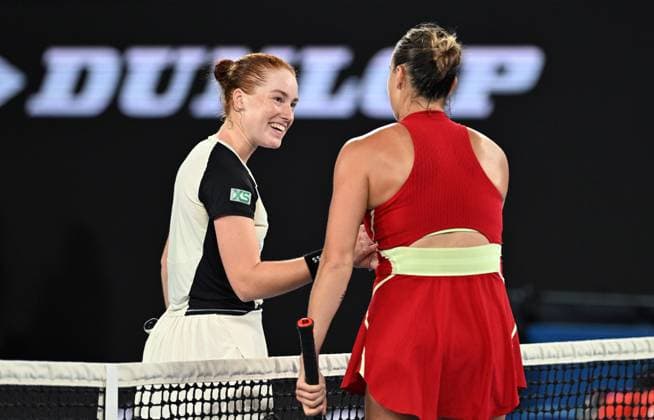 TENNIS AUSTRALIAN OPEN, Aryna Sabalenka of Belarus is congratulated Germany s Ella Seidel (left) following their first round match on Day 1 of the 2024 Australian Open at Melbourne Park in Melbourne, Sunday, January 14, 2024. ( NO ARCHIVING, EDITORIAL USE ONLY, NO USE IN BOOKS WITHOUT CONSENT MELBOURNE VICTORIA AUSTRALIA  Copyright: xLUKASxCOCHx 20240115001888897647