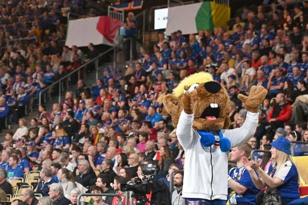 European Championship mascot creates excitement Preliminary round Group C Montenegro MNE Iceland ISL on 14 01 2024 in Munich Germany, Olympiahalle Men s EHF EURO 2024 from 10 28 01 2024