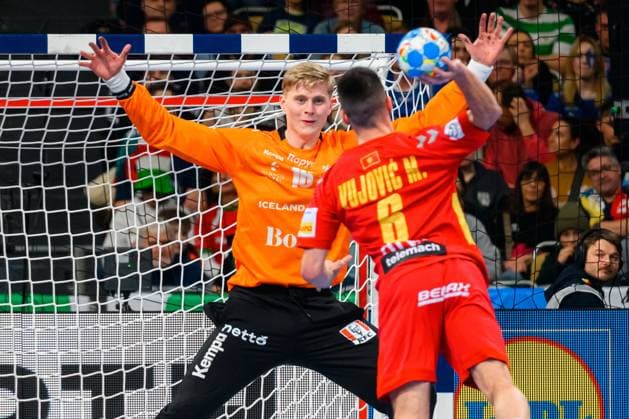 Munich, Germany Handball EM 2024 Preliminary Round Group C Montenegro Iceland Icelands goalkeeper Viktor Gisli Hallgirmsson, Montenegros Milos Vujovic Munich Olympiahalle Bayern Germany