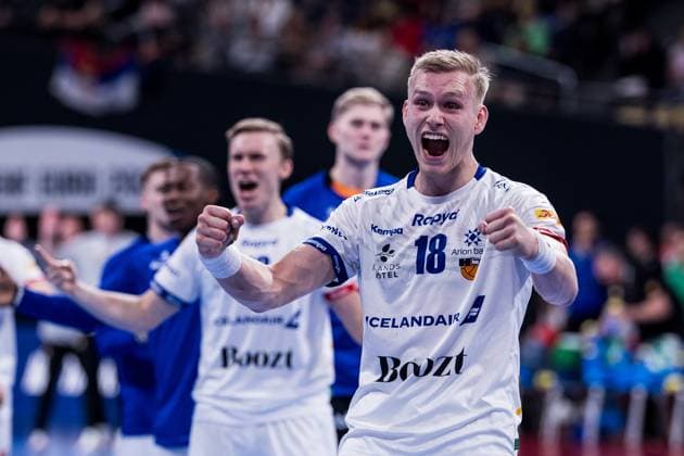 MENS EHF EURO 2024 Montenegro Iceland 14 01 2024 Ellidi Vidarsson Iceland, 18 celebrates after the victory MENS EHF EURO 2024 Montenegro Iceland, Olympiahalle, Munich on 14 01 2024 Copyright: xBEAUTIFULxSPORTS Wunderlx