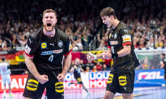 14 01 2024, Handball, Men, European Championship, European Handball Championship 2024, European Championship Men Final Tournament, EHF, 2 preliminary round match, Group A, Germany North Macedonia Johannes Golla Germany, left and Julian Köster Germany, right cheering Berlin Mercedes Benz Arena Berlin Germany