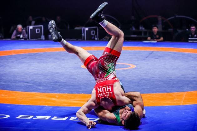 Bilder des Jahres 2024, Sport 01 Januar Zagreb, 140124. Home of sports. The fifth and day of the Zagreb Open wrestling tournament, free style fights in the GR categories up to 55, 60, 72, 82, 97, 130 kg. In the photo: Ulvi Ganizade, Levente Levai - final for gold up to 72 kg. Photo: Tomislav Kristo CROPIX Zagreb Croatia Copyright: xTomislavxKristoxTomislavxKristox hrvanje020-140124