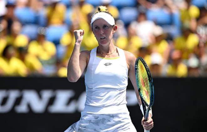 TENNIS AUSTRALIAN OPEN, Storm Hunter of Australia celebrates during her first round match against Sara Errani of Italy on Day 2 of the 2024 Australian Open at Melbourne Park in Melbourne, Monday, January 15, 2024. ( NO ARCHIVING, EDITORIAL USE ONLY, NO USE IN BOOKS WITHOUT CONSENT MELBOURNE VICTORIA AUSTRALIA  Copyright: xJAMESxROSSx 20240115001889160202