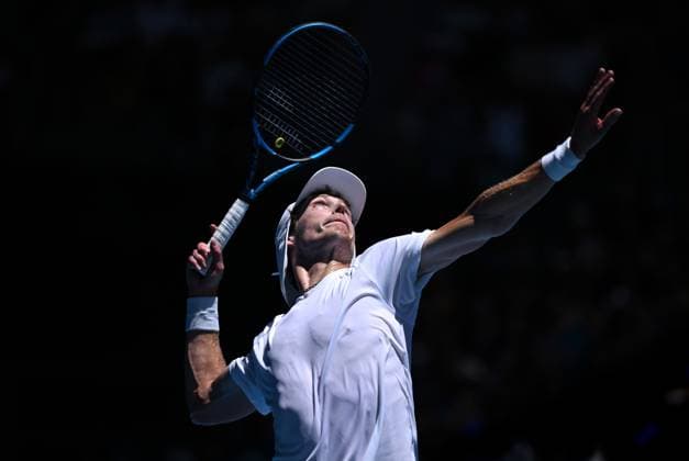 TENNIS AUSTRALIAN OPEN, Marc Polmans of Australia prepares to serve during his first round match against Alexei Popyrin of Australia on Day 2 of the 2024 Australian Open at Melbourne Park in Melbourne, Monday, January 15, 2024. ( NO ARCHIVING, EDITORIAL USE ONLY, NO USE IN BOOKS WITHOUT CONSENT MELBOURNE VICTORIA AUSTRALIA  Copyright: xJAMESxROSSx 20240115001889171264