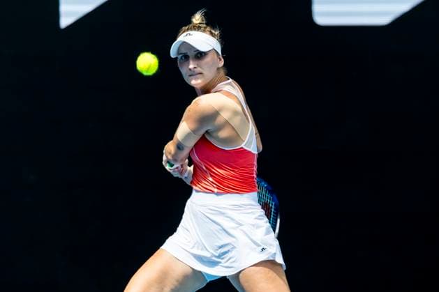 MELBOURNE, VIC - JANUARY 15: Marketa Vondrousova of the Czech Republic in action during Round 1 of the 2024 Australian Open on January 15 2024, at Melbourne Park in Melbourne, Australia. (Photo by Jason Heidrich Icon Sportswire) TENNIS: JAN 15 Australian Open EDITORIAL USE ONLY Icon240115026