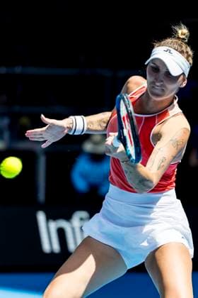 MELBOURNE, VIC - JANUARY 15: Marketa Vondrousova of the Czech Republic in action during Round 1 of the 2024 Australian Open on January 15 2024, at Melbourne Park in Melbourne, Australia. (Photo by Jason Heidrich Icon Sportswire) TENNIS: JAN 15 Australian Open EDITORIAL USE ONLY Icon240115036