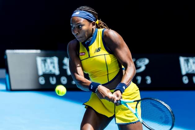 MELBOURNE, VIC - JANUARY 15: Coco Gauff of the United States of America in action during Round 1 of the 2024 Australian Open on January 15 2024, at Melbourne Park in Melbourne, Australia. (Photo by Jason Heidrich Icon Sportswire) TENNIS: JAN 15 Australian Open EDITORIAL USE ONLY Icon240115058