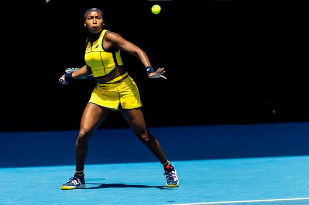 MELBOURNE, VIC - JANUARY 15: Coco Gauff of the United States of America in action during Round 1 of the 2024 Australian Open on January 15 2024, at Melbourne Park in Melbourne, Australia. (Photo by Jason Heidrich Icon Sportswire) TENNIS: JAN 15 Australian Open EDITORIAL USE ONLY Icon240115065