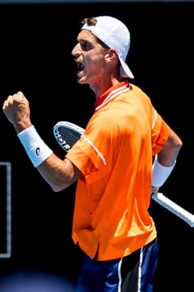 MELBOURNE, VIC - JANUARY 15: Terence Atmane of France celebrates during Round 1 of the 2024 Australian Open on January 15 2024, at Melbourne Park in Melbourne, Australia. (Photo by Jason Heidrich Icon Sportswire) TENNIS: JAN 15 Australian Open EDITORIAL USE ONLY Icon240115099