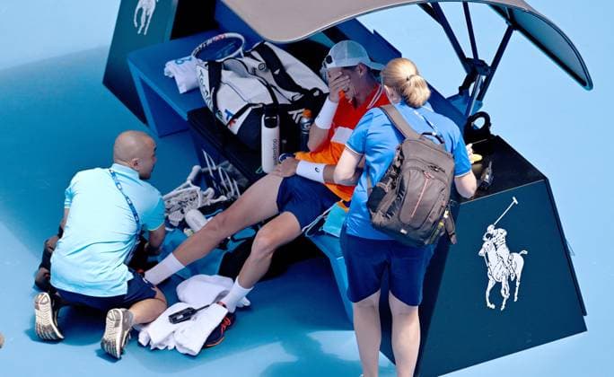TENNIS AUSTRALIAN OPEN, Terence Atmane of France receives medical attention during his first round match against Daniil Medvedev of Russia on Day 2 of the 2024 Australian Open at Melbourne Park in Melbourne, Monday, January 15, 2024. ( NO ARCHIVING, EDITORIAL USE ONLY, NO USE IN BOOKS WITHOUT CONSENT MELBOURNE VICTORIA AUSTRALIA  Copyright: xLUKASxCOCHx 20240115001889186398