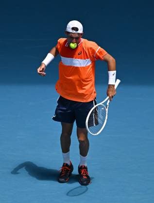 TENNIS AUSTRALIAN OPEN, Terence Atmane of France reacts due to cramping during his first round match against Daniil Medvedev of Russia on Day 2 of the 2024 Australian Open at Melbourne Park in Melbourne, Monday, January 15, 2024. ( NO ARCHIVING, EDITORIAL USE ONLY, NO USE IN BOOKS WITHOUT CONSENT MELBOURNE VICTORIA AUSTRALIA  Copyright: xLUKASxCOCHx 20240115001889194361