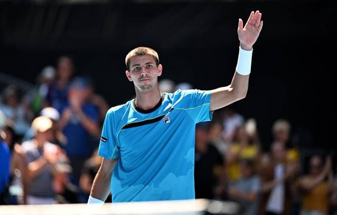 TENNIS AUSTRALIAN OPEN, Alexei Popyrin of Australia celebrates after winning his first round match against Marc Polmans of Australia on Day 2 of the 2024 Australian Open at Melbourne Park in Melbourne, Monday, January 15, 2024. ( NO ARCHIVING, EDITORIAL USE ONLY, NO USE IN BOOKS WITHOUT CONSENT MELBOURNE VICTORIA AUSTRALIA  Copyright: xJAMESxROSSx 20240115001889195802