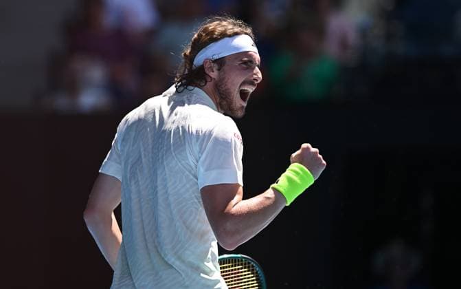 TENNIS AUSTRALIAN OPEN, Stefanos Tsitsipas of Greece celebrates during his first round match against Zizou Bergs of Belgium on Day 2 of the 2024 Australian Open at Melbourne Park in Melbourne, Monday, January 15, 2024. ( NO ARCHIVING, EDITORIAL USE ONLY, NO USE IN BOOKS WITHOUT CONSENT MELBOURNE VICTORIA AUSTRALIA  Copyright: xJOELxCARRETTx 20240115001889198630