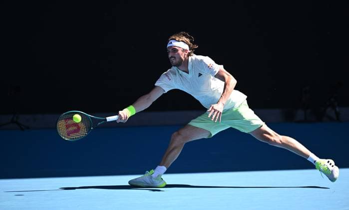 TENNIS AUSTRALIAN OPEN, Stefanos Tsitsipas of Greece returns during his first round match against Zizou Bergs of Belgium on Day 2 of the 2024 Australian Open at Melbourne Park in Melbourne, Monday, January 15, 2024. ( NO ARCHIVING, EDITORIAL USE ONLY, NO USE IN BOOKS WITHOUT CONSENT MELBOURNE VICTORIA AUSTRALIA  Copyright: xJOELxCARRETTx 20240115001889204448