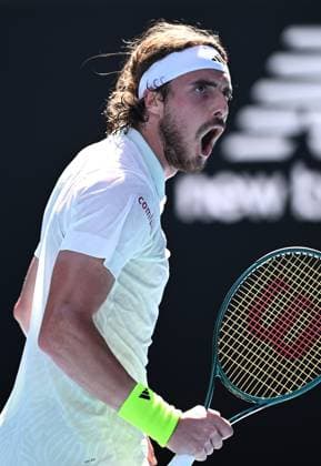 TENNIS AUSTRALIAN OPEN, Stefanos Tsitsipas of Greece reacts during his first round match against Zizou Bergs of Belgium on Day 2 of the 2024 Australian Open at Melbourne Park in Melbourne, Monday, January 15, 2024. ( NO ARCHIVING, EDITORIAL USE ONLY, NO USE IN BOOKS WITHOUT CONSENT MELBOURNE VICTORIA AUSTRALIA  Copyright: xJOELxCARRETTx 20240115001889206538