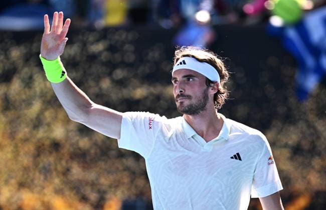 TENNIS AUSTRALIAN OPEN, Stefanos Tsitsipas of Greece celebrates after winning his first round match against Zizou Bergs of Belgium on Day 2 of the 2024 Australian Open at Melbourne Park in Melbourne, Monday, January 15, 2024. ( NO ARCHIVING, EDITORIAL USE ONLY, NO USE IN BOOKS WITHOUT CONSENT MELBOURNE VICTORIA AUSTRALIA  Copyright: xJOELxCARRETTx 20240115001889211326