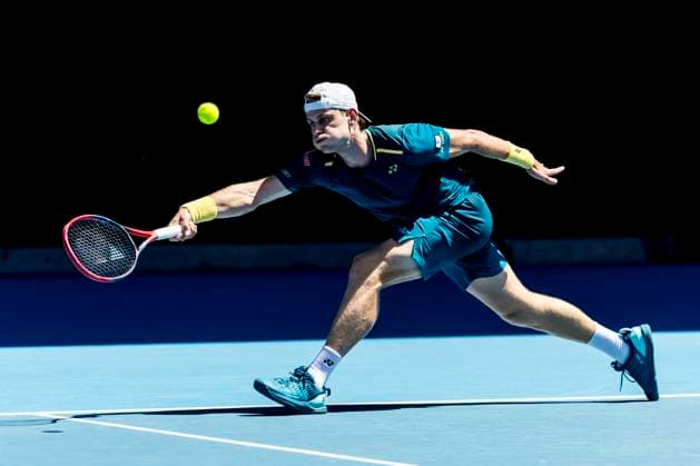 MELBOURNE, VIC - JANUARY 15: Zizou Bergs of Belgium in action during Round 1 of the 2024 Australian Open on January 15 2024, at Melbourne Park in Melbourne, Australia. (Photo by Jason Heidrich Icon Sportswire) TENNIS: JAN 15 Australian Open EDITORIAL USE ONLY Icon240115129