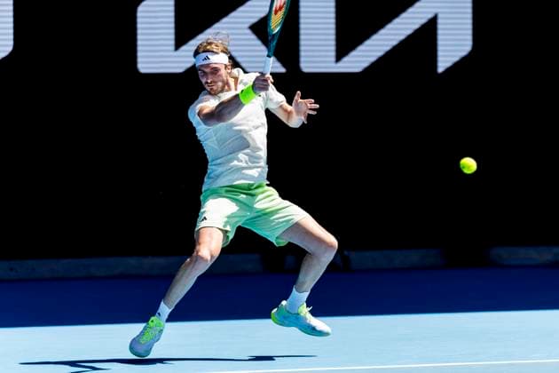 MELBOURNE, VIC - JANUARY 15: Stefanos Tsitsipas of Greece in action during Round 1 of the 2024 Australian Open on January 15 2024, at Melbourne Park in Melbourne, Australia. (Photo by Jason Heidrich Icon Sportswire) TENNIS: JAN 15 Australian Open EDITORIAL USE ONLY Icon240115147