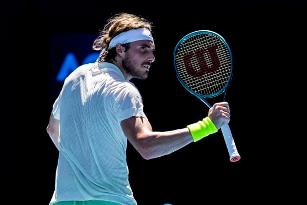 MELBOURNE, VIC - JANUARY 15: Stefanos Tsitsipas of Greece celebrates during Round 1 of the 2024 Australian Open on January 15 2024, at Melbourne Park in Melbourne, Australia. (Photo by Jason Heidrich Icon Sportswire) TENNIS: JAN 15 Australian Open EDITORIAL USE ONLY Icon240115142