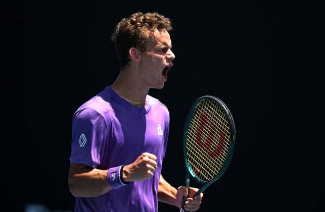 TENNIS AUSTRALIAN OPEN, Luca Van Assche of France celebrates during his first round match against James Duckworth of Australia on Day 2 of the 2024 Australian Open at Melbourne Park in Melbourne, Monday, January 15, 2024. ( NO ARCHIVING, EDITORIAL USE ONLY, NO USE IN BOOKS WITHOUT CONSENT MELBOURNE VICTORIA AUSTRALIA  Copyright: xLUKASxCOCHx 20240115001889216906