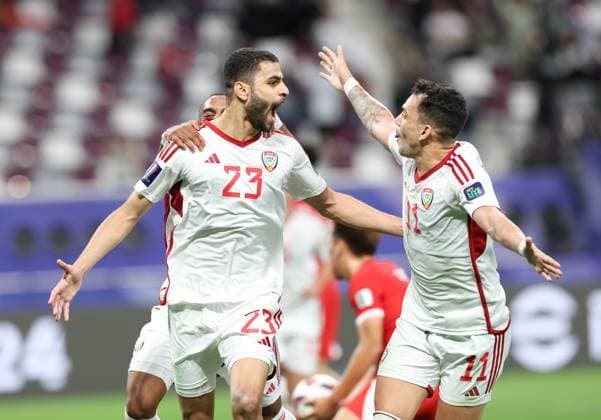 Sport Themen der Woche KW02 Sport Bilder des Tages (240115) -- DOHA, Jan. 15, 2024 -- Sultan Adil Alameeri (L) of the United Arab Emirates celebrates after scoring during the Group C match between China s Hong Kong and the United Arab Emirates at AFC Asian Cup in Doha, Qatar, Jan. 14, 2024. ) (SP)QATAR-DOHA-FOOTBALL-AFC ASIAN CUP-GROUP C-CHINA S HONG KONG VS THE UNITED ARAB EMIRATES DingxTing 