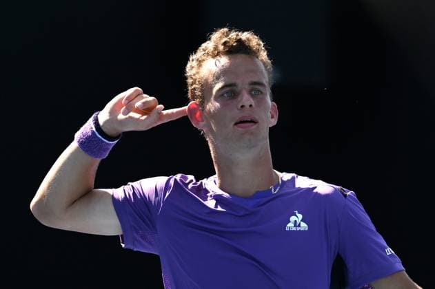 TENNIS AUSTRALIAN OPEN, Luca Van Assche of France reacts during his first round match against James Duckworth of Australia on Day 2 of the 2024 Australian Open at Melbourne Park in Melbourne, Monday, January 15, 2024. ( NO ARCHIVING, EDITORIAL USE ONLY, NO USE IN BOOKS WITHOUT CONSENT MELBOURNE VICTORIA AUSTRALIA  Copyright: xLUKASxCOCHx 20240115001889228998