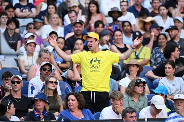 TENNIS AUSTRALIAN OPEN, An Australia fan reacts during the first round match between Magdalena Frech of Poland and Daria Saville of Australia on Day 2 of the 2024 Australian Open at Melbourne Park in Melbourne, Monday, January 15, 2024. ( NO ARCHIVING, EDITORIAL USE ONLY, NO USE IN BOOKS WITHOUT CONSENT MELBOURNE VICTORIA AUSTRALIA  Copyright: xJAMESxROSSx 20240115001889233596