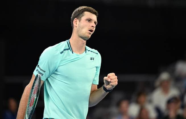 TENNIS AUSTRALIAN OPEN, Hubert Hurkacz of Poland reacts after winning the second set in his first round match against Omar Jasika of Australia on Day 2 of the 2024 Australian Open at Melbourne Park in Melbourne, Monday, January 15, 2024. ( NO ARCHIVING, EDITORIAL USE ONLY, NO USE IN BOOKS WITHOUT CONSENT MELBOURNE VICTORIA AUSTRALIA  Copyright: xJAMESxROSSx 20240115001889264045