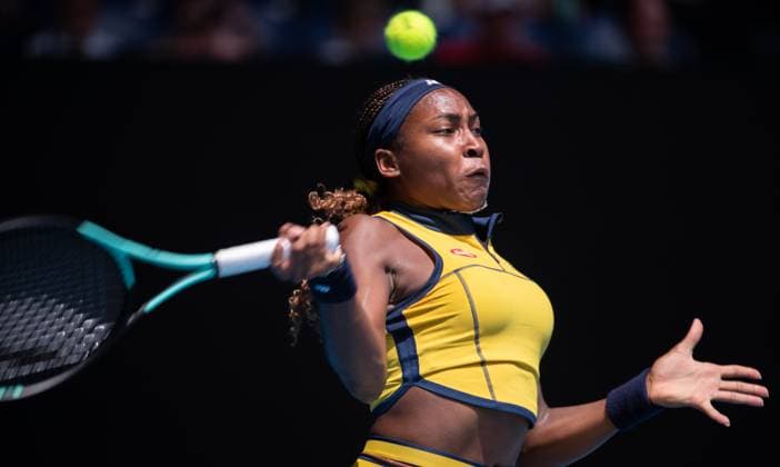 (240115) -- MELBOURNE, Jan. 15, 2024 -- Coco Gauff of the United States hits a shot to Anna Karolina Schmiedlova of Slovakia during their women s singles 1st round match at Australian Open tennis tournament in Melbourne, Australia, Jan. 15, 2024. (Photo by Xinhua) (SP)AUSTRALIA-MELBOURNE-TENNIS-AUSTRALIAN OPEN HuxJingchen 
