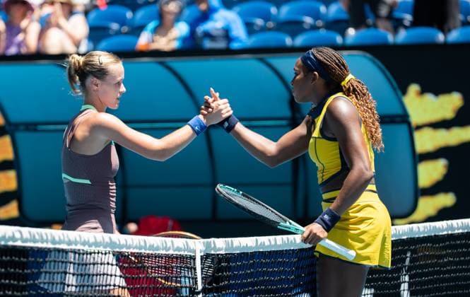 (240115) -- MELBOURNE, Jan. 15, 2024 -- Coco Gauff (R) of the United States greets Anna Karolina Schmiedlova of Slovakia during their women s singles 1st round match at Australian Open tennis tournament in Melbourne, Australia, Jan. 15, 2024. (Photo by Xinhua) (SP)AUSTRALIA-MELBOURNE-TENNIS-AUSTRALIAN OPEN HuxJingchen 
