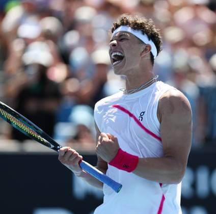 (240115) -- MELBOURNE, Jan. 15, 2024 -- Ben Shelton celebrates after the men s singles 1st round match between Ben Shelton of the United States and Roberto Bautista Agut of Spain at Australian Open tennis tournament in Melbourne, Australia, Jan. 15, 2024. ) (SP)AUSTRALIA-MELBOURNE-TENNIS-AUSTRALIAN OPEN MaxPing 