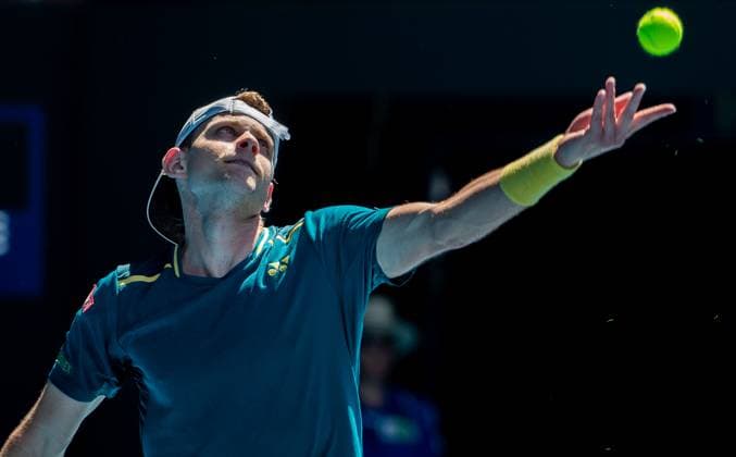 (240115) -- MELBOURNE, Jan. 15, 2024 -- Zizou Bergs of Belgium serves during the men s singles 1st round match between Stefanos Tsitsipas of Greece and Zizou Bergs of Belgium at Australian Open tennis tournament in Melbourne, Australia, Jan. 15, 2024. (Photo by Xinhua) (SP)AUSTRALIA-MELBOURNE-TENNIS-AUSTRALIAN OPEN HuxJingchen 
